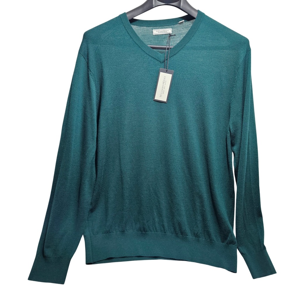 Williams & Kent Mens Hunter Green 100% Merino Wool V-Neck Sweater XL BBF22S352 *